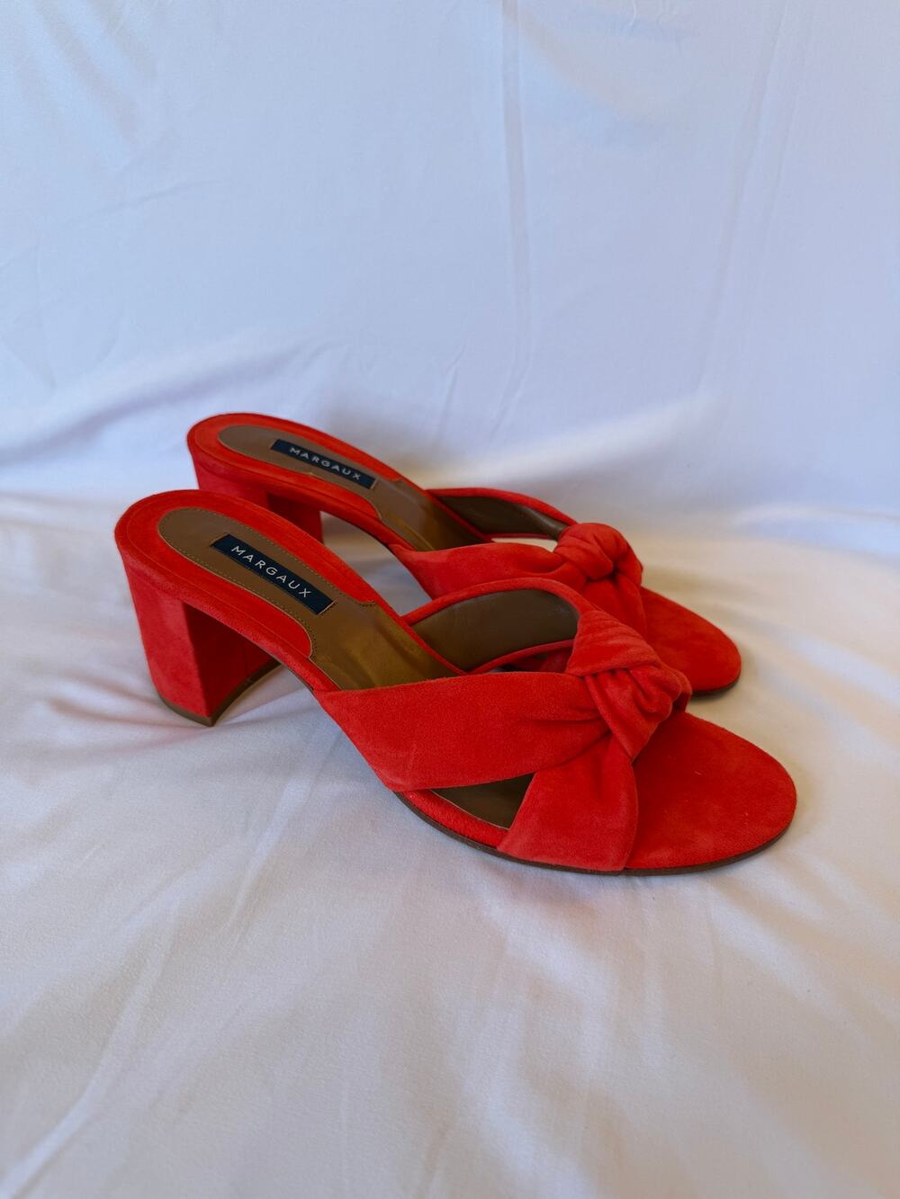Margaux Poppy Red Knotted Suede Leather Block Heeled Sandals Shoes, 42, US 11